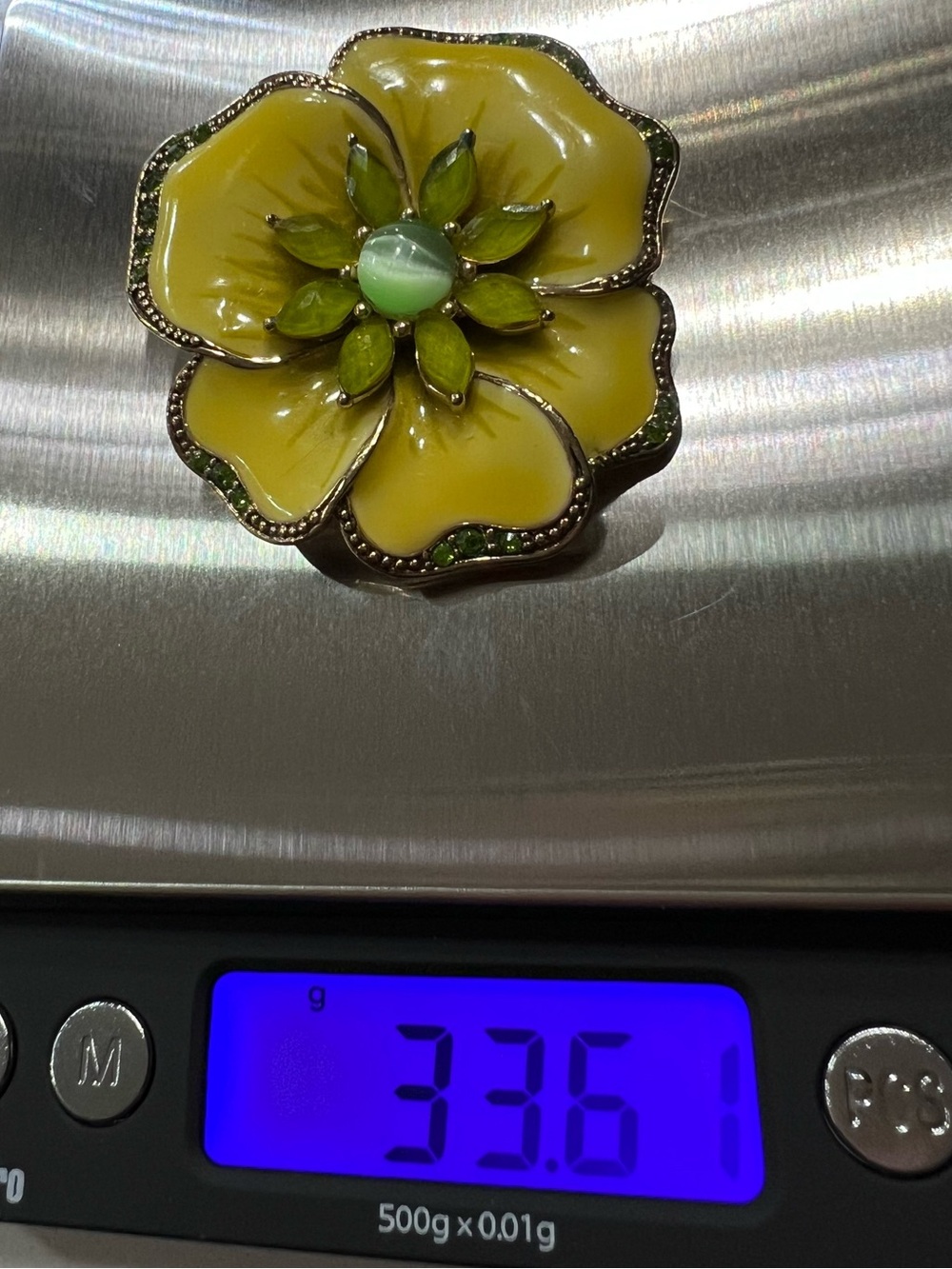 Vintage Liz Claiborne Yellow Enamel Flower Brooch Green Rhinestones Pin - Picture 4 of 7